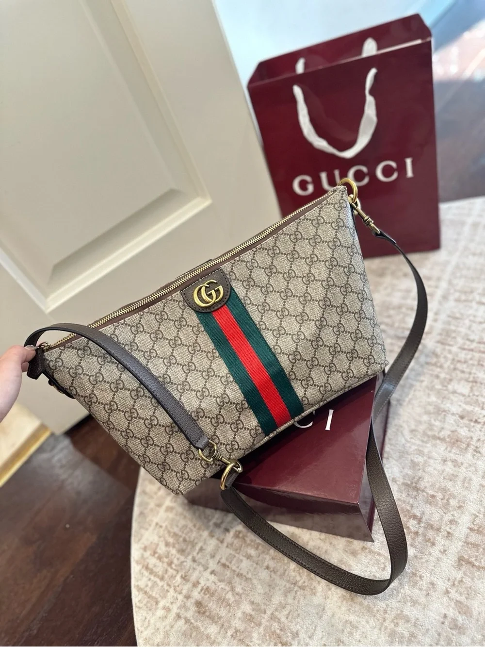Gucci Beige GG Canvas Shoulder Tote with Green and Red Web Stripe
